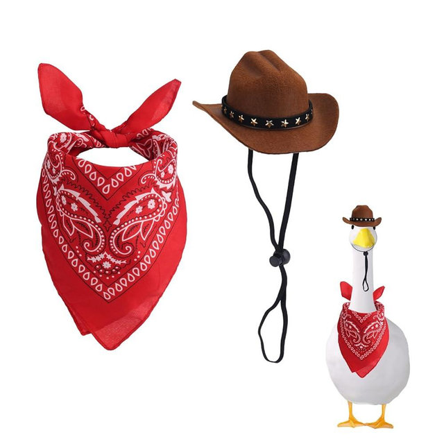 Tinoaly Western Cowboy Porch Goose Outfits, Funny Cement Goose Costume with Hat and Bandana Scarf Garden Yard Decoration for 23" & 17" Lawn Statues