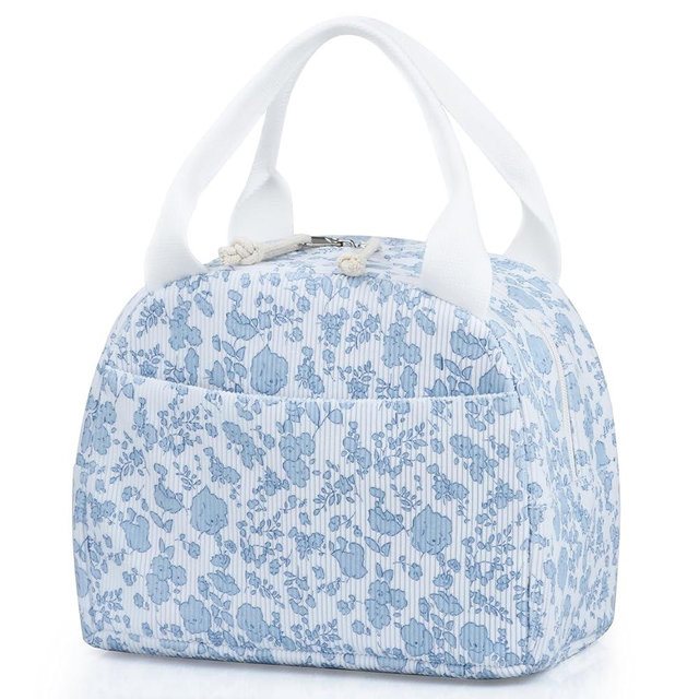 TESAFNG Lunch Bag - Insulated Lunch Box for Women, Reusable Large Capacity Cooler Bag for Adult, Small Leakproof Cute Corduroy Lunch Tote for Work Office Travel Picnic (Corduroy Blue-Flower)