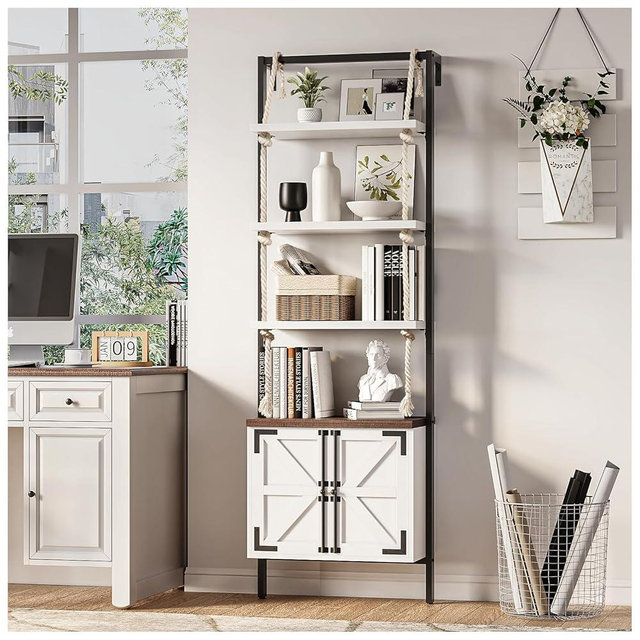 JOINICE, Ladder Bookshelf with Storage Cabinet, Farmhouse Wall Mounted Bookcase with Wood and Metal Frame, 4 Tier Open Display Shelves for Living Room, Bedroom, Home Office, White