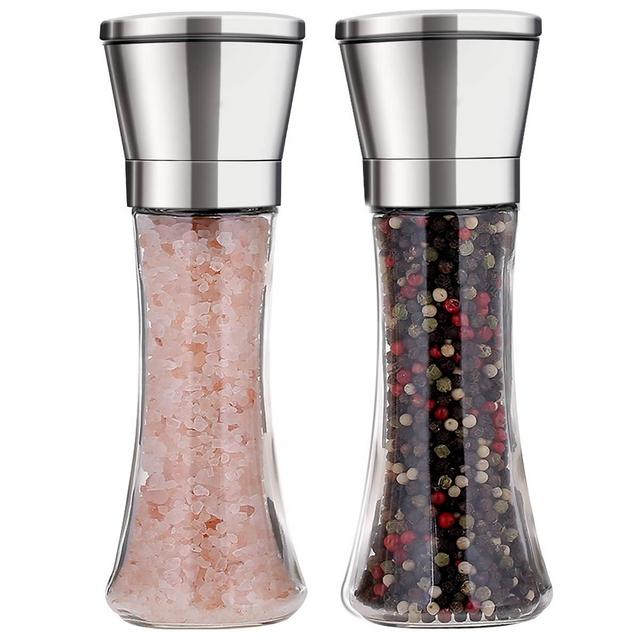 Salt and Pepper Grinder Set of 2 Stainless Steel Manual Spice Salt Pepper Grinder Set With Adjustable 5 Grade Coarseness Ceramic Rotor Mill Grinders Shakers Gift Set with Silicone Funnel
