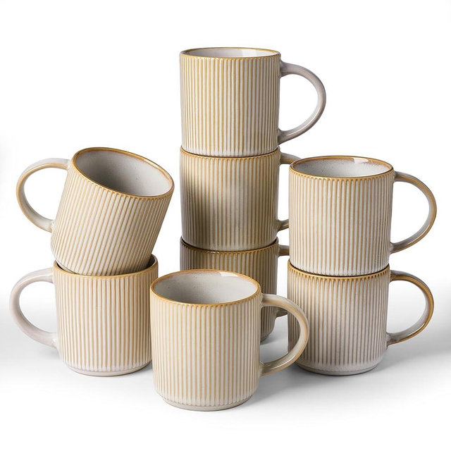 famiware Coffee Mug Set for 8, Star 12 oz Catering Mugs Cup Set with Handle for Coffee, Tea, Cocoa, Milk - Ceramic Stoneware Drinkware Set, Cappuccino White