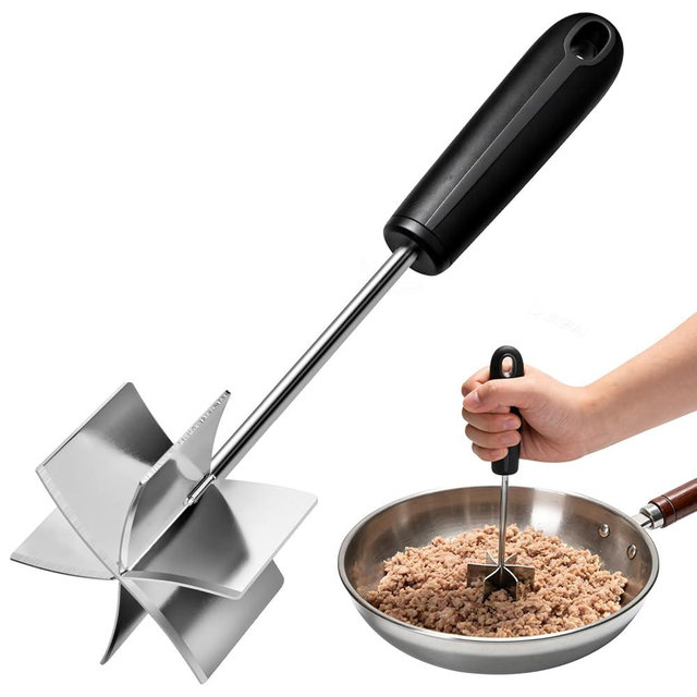 Stainless Steel Meat Chopper, Goldusk 10 Inch Meat Masher Ground Beef Chopper Tool with 6 Curve Blades & Ergonomic Non-Slip Handle, Hamburger Smasher Tool Ground Meat Smasher Dishwasher Safe