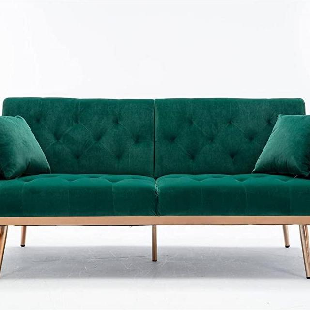 63" Green Velvet Couch, Tufted Loveseat Sofa, Convertible Futon Sofa Bed, Accent Sofa Recliner, Golden Metal Legs, 2 Couch Pillows, Mid Century Modern Sofas for Home Living Room Bedroom
