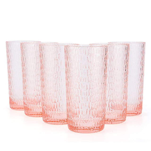 KX-WARE 22-ounce Honeycomb Highball Glasses Plastic Tumbler Acrylic Glasses, set of 6 Coral Pink
