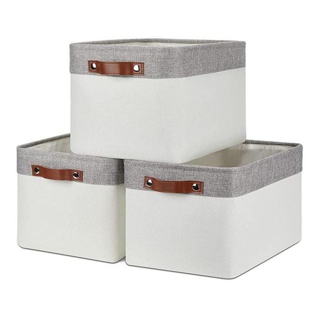 DULLEMELO Storage Baskets for Organizing, Shelves,Bedroom, Decorative Storage Bins with Leather Handles, Fabric Storage Basket for Office, Toys(3-Pack Medium-15 inch X 11 inch X 9.5 inch , Grey&White)