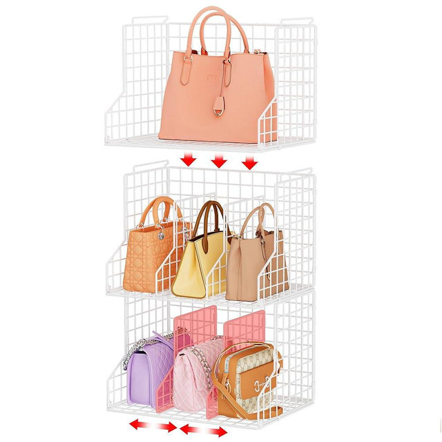 Sonyabecca Purse Storage Organizer for Closet : Adjustable 3-Pack Dividers Handbag Organizer - Stackable Wire Handbags Storage Baskets -Open Cabinets Wallets Tote Chain Bags Clutches -White