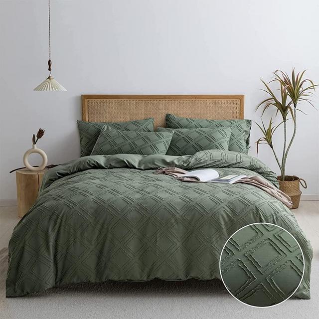 JELLYMONI Green Duvet Cover Queen Size - Microfiber Tufted Duvet Cover Set , Boho Textured Duvet Cover Jacquard Rhombus Geometric Pattern Duvet Cover with Corner Ties & Zipper Closure