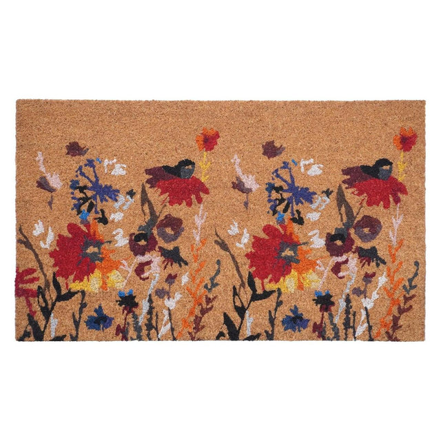 HomeRoots 24" X 36" Natural Red and Yellow Coir Floral Outdoor Door Mat