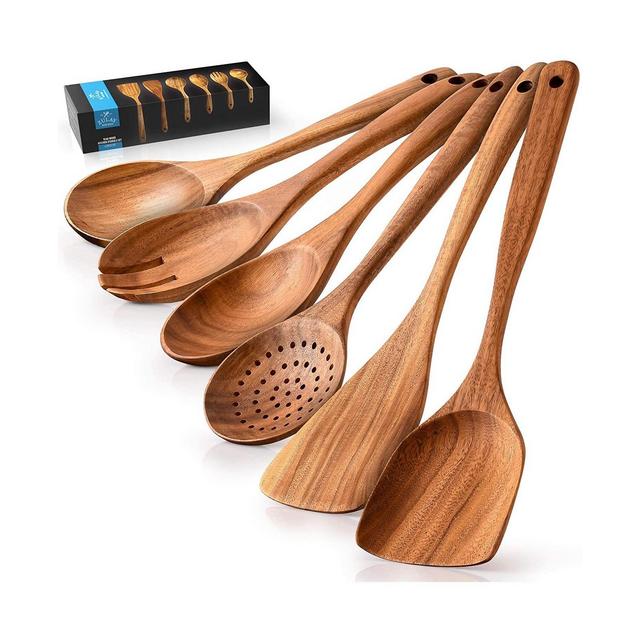 Non-Scratch Teak Wooden Cooking Spoons 6 Piece Utensil Set