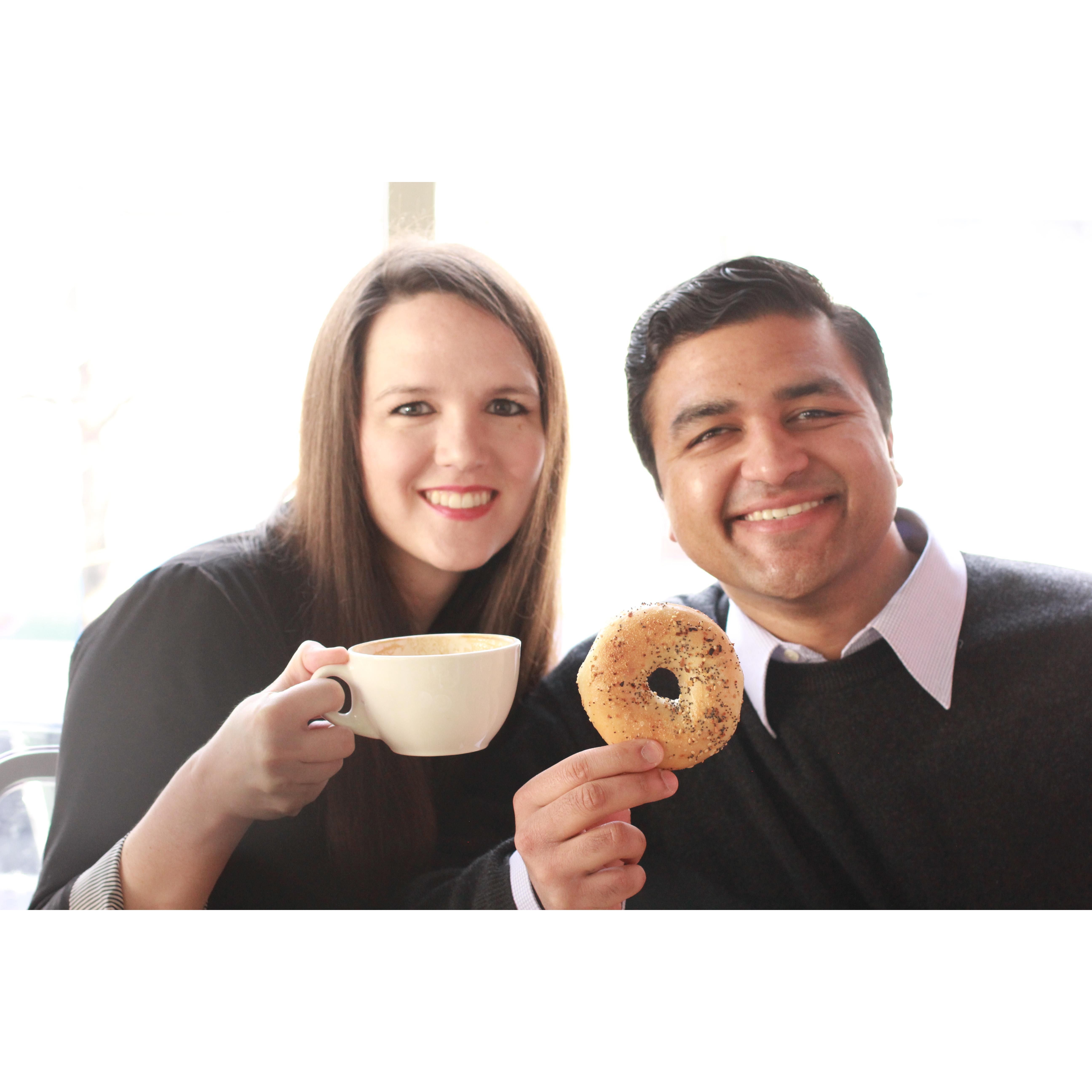We met online on Coffee Meets Bagel. Needless to say coffee and bagels have a warm place in our heart. The 50 minute drive to see each other is so worth it!