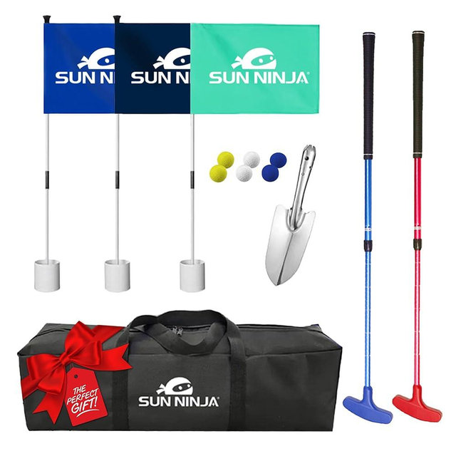 SUN NINJA Beach Golf Set for Low Tide Play, Portable & Easy To Set Up Mini Golf with 2 Adjustable Putters, 3 Cups and Flags, 6 Golf Balls, a Carry Bag & Shovel