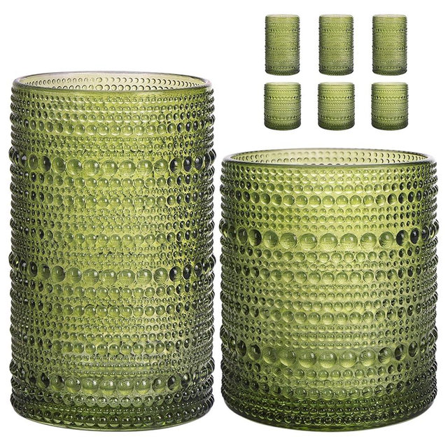 Moretoes Hobnail Drinking Glasses Set of 6, 12 Oz Highball Glasses & 10 Oz Cocktail Glasses, Clear Embossed Boho Glass Cups Kitchen Bar Tumbler Glassware Set for Whiskey, Beer, Juice, Milk (Green)