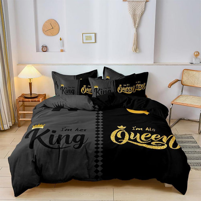 Couple Bedding Set - King Size, Crown Queen and King Comforter Cover Solt & Breathable Bedding Sets Dark Gray & Black Lover Duvet Cover Set Valentine s Day Presents (1 Duvet Cover + 2 Pillowcase)
