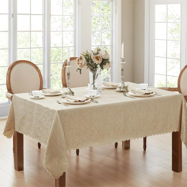Newbridge Portofino Scalloped Damask Fabric Tablecloth, Wrinkle and Stain Resistant Fine Dining and Holiday Tablecloth, 60 Inch x 102 Inch Oblong/Rectangle, Linen