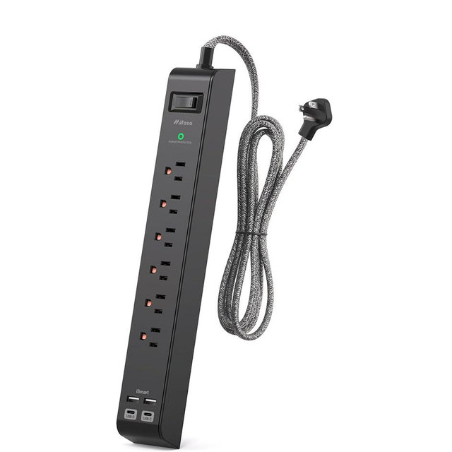 Surge Protector Power Strip 15 ft with 4 USB Ports 2 USB-C 6 AC Outlets, Flat Plug Extension Cord, USB Charging Station, Wall Mountable for Home, Office, Dorm Essentials, 1080J, ETL Listed, Black