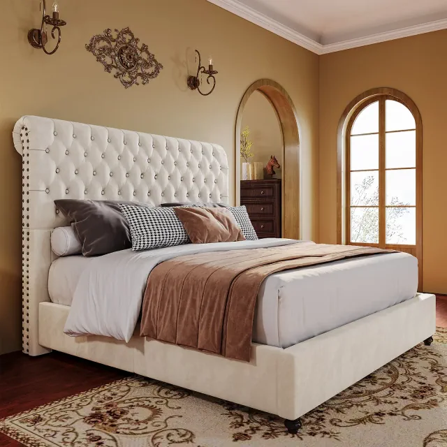 AMERLIFE Queen Size Upholstered Platform Bed with 52.8'' Tall Sleigh Headboard, Cream