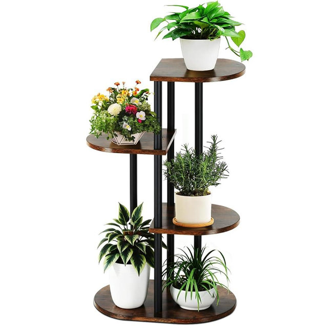 Korrie Home Tiered Plant Stand Indoor, Tall 4 Tier 5 Potted Wooden Plant Shelf for Multiple Plants, Multi Plant Holder Indoor for Patio Garden Patent Design Living Room Bedroom, Rustic Brown