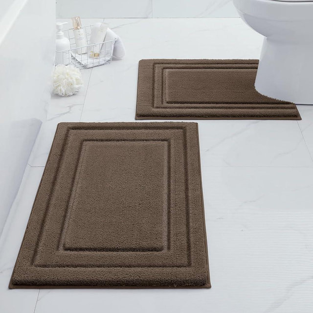 HOMEIDEAS Bathroom Rugs Sets 2 Piece, Super Soft and Absorbent Non Slip Microfiber Machine Washable U-shaped Toilet Bath Mat Set (Brown)