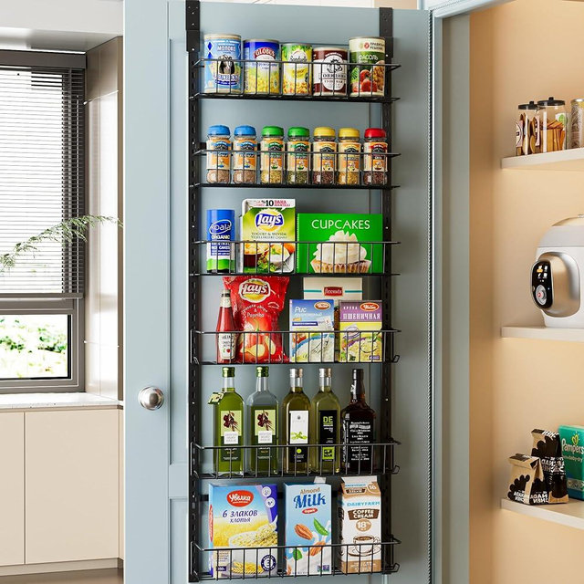 Delamu Pantry Door Organizer, Adjustable Metal Over the Door Pantry Organizer Rack, 6-Tier Over the Door Spice Rack, Kitchen Pantry Door Organizers and Storage, D5 W16.6 H52.1 inch, Black