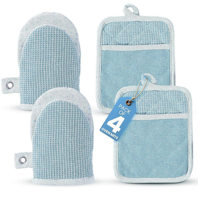 Casa Platino BBQ Gloves & Potholders Set, 4Pc Kitchen Mitts for Oven & Baking, Pot Holder for Hot Pots & Dishes – Heat Resistant Up to 500°F, Non-Slip & Machine Washable – Cornflower