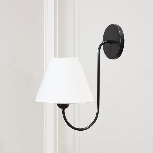 Linen Single Wall Sconce Black, Retro Swoop Wall Lamp with Black Metal Arm, Mid-Century Vintage White Linen Shade Sconce, Gooseneck Light Fixture for Elegant Home Lighting, Bedroom