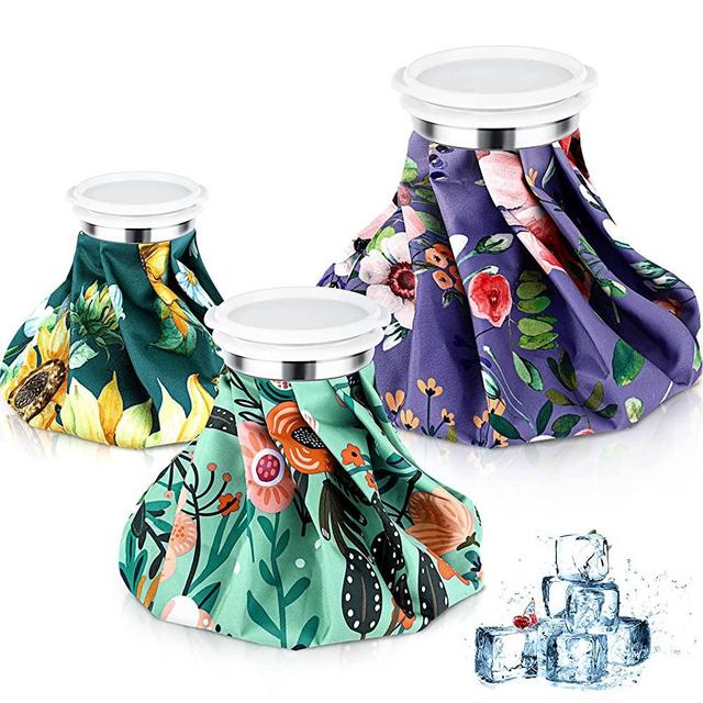 3 Pieces Ice Storage Bag Pack for Injuries, Hot Water Bag 6 Inches, 9 Inches, 11 Inches Pain Relief Reusable Screw Top Bag Hot Cold for Sports Knee Head Leg Injury(Flower Style)