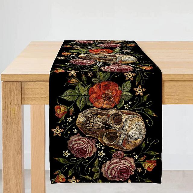 ARKENY Halloween Skull Floral Black Table Runner 13x72 Inches Long Farmhouse Indoor Outdoor Vintage Theme Gathering Dinner Party Holiday Decor AT007