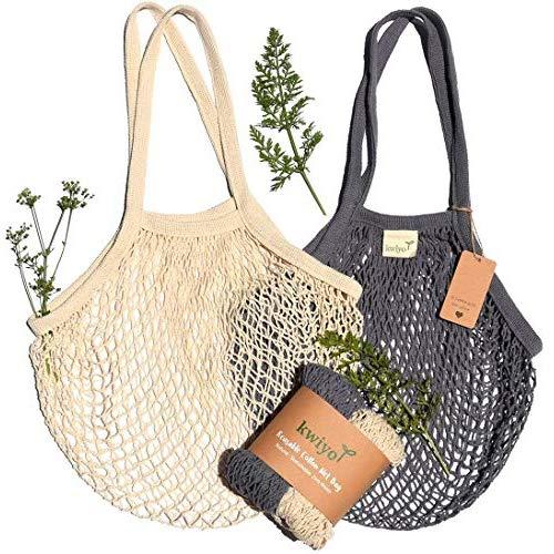 Kwiyo Reusable Grocery Bags Cotton Net Tote, Washable, Foldable, Zero Waste Farmer's Market Fruit and Vegetable Bag, String Mesh Shopping Net Bag with Long Handles, Pack of 2 (Natural, Gray)