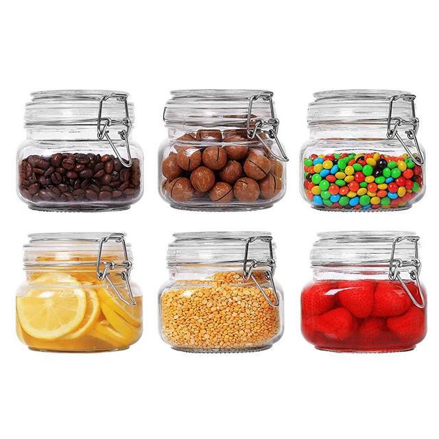 ComSaf Airtight Glass Canister Set of 6 with Lids 17oz Food Storage Jar Square - Storage Container with Clear Preserving Seal Wire Clip Fastening for Kitchen Canning Cereal,Pasta,Sugar,Beans,Spice