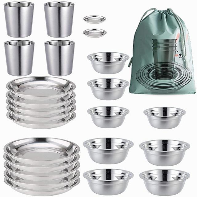 COTOM Stainless Steel Plates,Bowls,Cups and Spice Dish. Camping Set Camping, Hiking, Beach,Outdoor Use Incl. Travel Bag