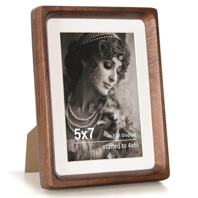 Fun Memories 5x7 Picture Frame, USA-Sourced Walnut Wood Photo Frames with HD Tempered Glass, Handcrafted Rounded Corner 5 x 7 Wooden Frames Matted to 4x6 Photos, 5x7 Frame, Tabletop or Wall Display