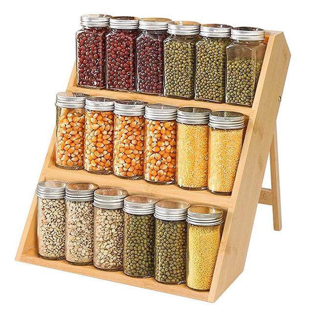 3-Tier Spice Shelf-Versatile Bamboo Spice Rack Organizer-Eco Friendly Kitchen Countertop Standing Seasoning Organizer-Space Saving Wooden Spice Rack for Counter, Cabinet or Drawers (bamboo color)