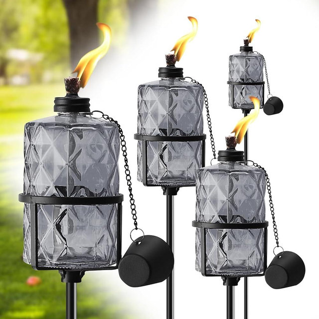 ZSPENG 4 Pack Gray Glass Garden Torch 12 oz Outdoor Torch Garden Décor,60-Inch Upgraded Citronella Torches with 3-Prong Grounded Stake for Party Patio Pathway