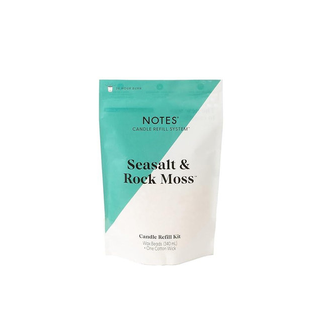 NOTES Sustainable Candle Refill | Non-Toxic Fragrance, Natural Wax Beads (Beeswax, Rice bran and Soy), Cotton Wick and Sustainer- Seasalt & Rock Moss