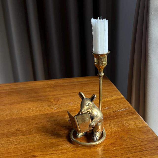 Brass Mouse candleholder Unique Handcrafted Taper Candle Stand with Reading Mouse Figurine, Whimsical Candleholder Vintage Home Decor