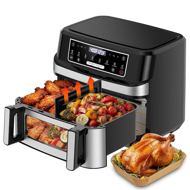 Emphsism 1600W Dual Zone Air Fryer Oven,12.69QT with Divider,Nonstick & Dishwasher-Safe Basket,Match Cook & Smart Finish to Roast,Recipes for Easy Cooking,Digital Touchscreen,Metal Sliver
