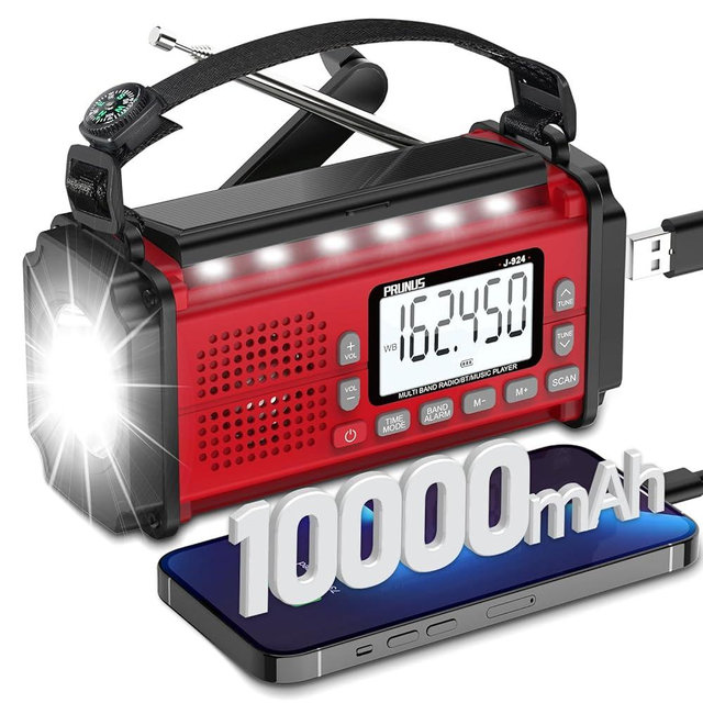 PRUNUS 10000mAh Hand Crank Radio Solar, Battery Powered and USB Charging Emergency Radio, NOAA Weather Radio AM/FM/SW, Torch& Reading Light, SOS Alarm, Power Bank, Compass for Camping 924