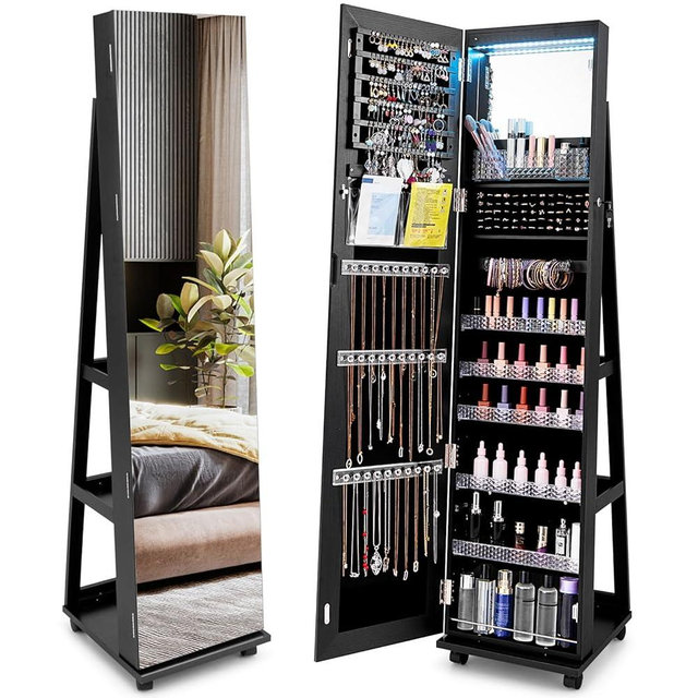 LOKO 360° Rotating Jewelry Armoire, Lockable Jewelry Organizer with 3-Color LED Lights, Standing Jewelry Cabinet with Full-Length Mirror, Built-in Makeup Mirror for Girls Women Gift (Black)