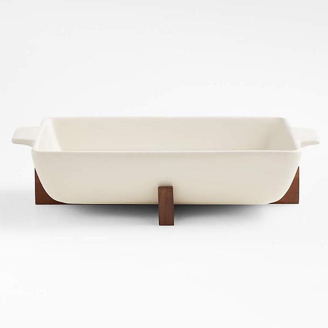 Oven-to-Table Rectangular Baking Dish with Dark Wood Trivet