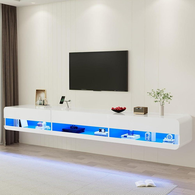 St.Mandyu Floating LED TV Stand for TVs Up to 100 inch, 94.5 inch Modern Entertainment Center with Led Lights & Power Outlet, Wall Mounted Hanging Media Console for Living Room, White