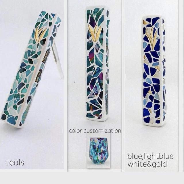 Jewish Wedding Breaking Glass Mezuzah Kit, Teals