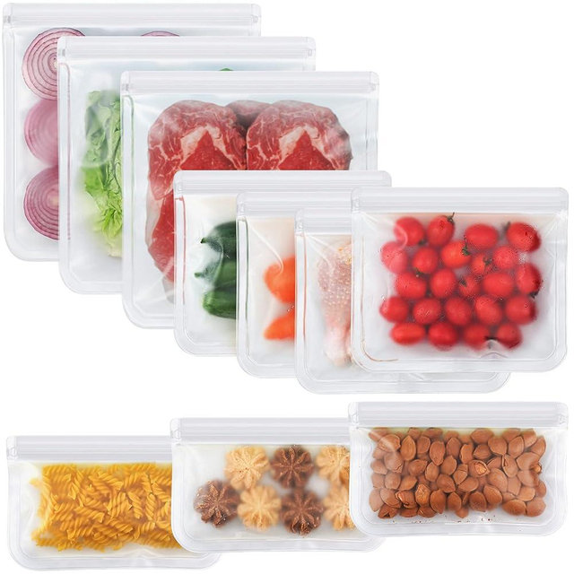 10 Pack Reusable Ziplock Bags Silicone, Leakproof Reusable Freezer Bags, BPA Free Reusable Food Storage Bags for Lunch Marinate Food Travel (Clear) - 3 Gallon 3 Snack 4 Sandwich Bags