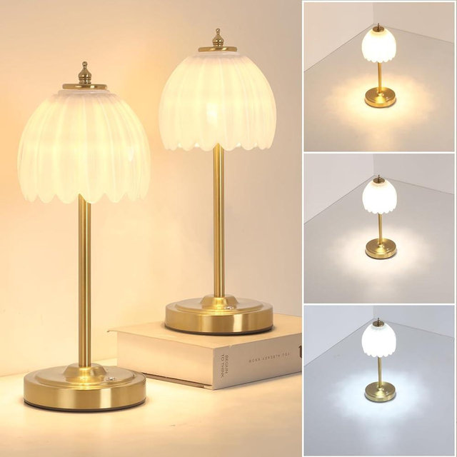 Shenmoyl Set of 2 Tulip Table Lamp with 5000mAh Battery & Touch Control, Cordless Small Table Lamp with 3 Colors, Dimmable Rechargeable Table Lamps for Bedroom, Desk, Bedside (White Tulip)