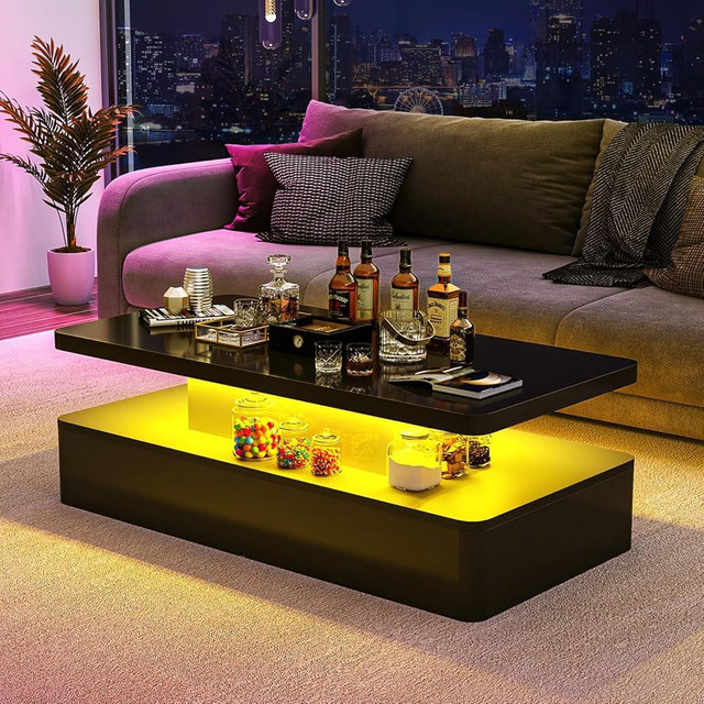 oneinmil Modern LED Coffee Table, 47" Living Room Tables with Double-Layer Design, 16 Colors LED Lights, Stylish Coffee Tables for Living Room, Home, Office, Black