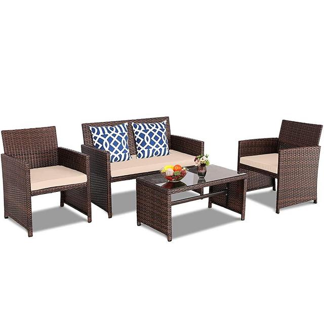 BPTD 4 Pieces Outdoor Patio Furniture Sets All Weather Wicker Chairs Set with Coffee Table and Chair Set for Backyard Porch Poolside Patio Seating Set (Light Brown)