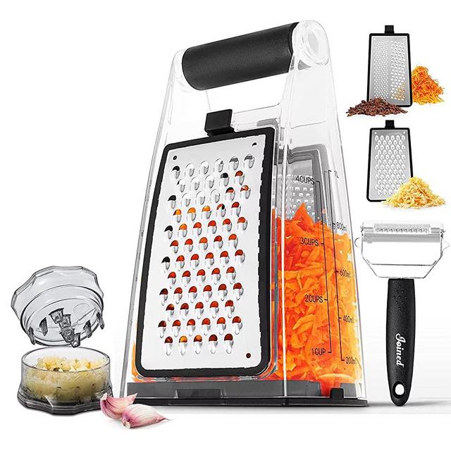 Joined Cheese Grater with Container - Box Grater Cheese Shredder Lemon Zester - Cheese Grater with Handle - Graters for Kitchen Stainless Steel Food Grater - Garlic Mincer Tool and Vegetable Peeler