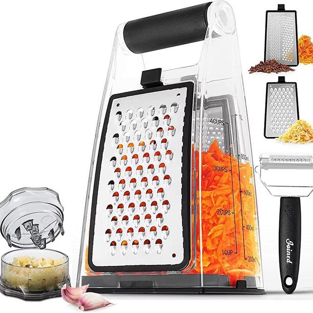 Joined Cheese Grater with Container - Box Grater Cheese Shredder Lemon Zester - Cheese Grater with Handle - Graters for Kitchen Stainless Steel Food Grater - Garlic Mincer Tool and Vegetable Peeler