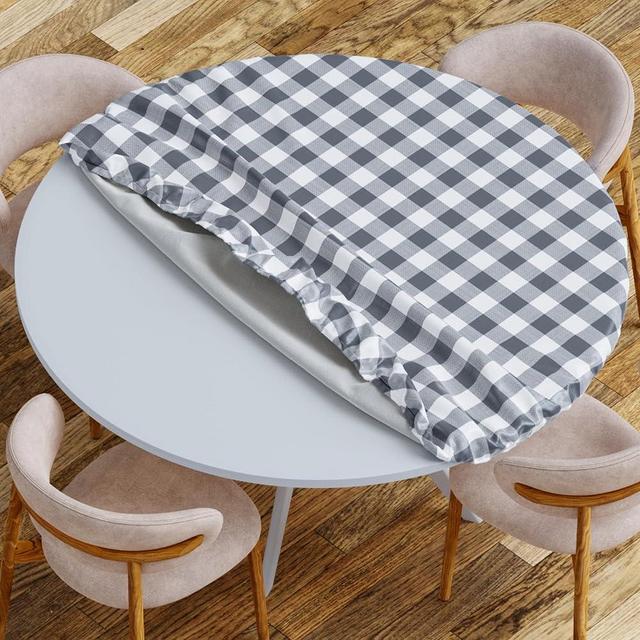 Sorfey Round Tablecloth -Fitted with Elastic, Vinyl with Flannel Back, Fits for Table 60 Inches Round,Water Proof, Easy to Clean, Checked Gray Design