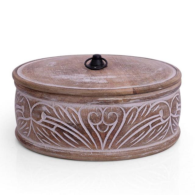 Handcrafted Wooden Mexican Tortilla Warmer Basket Indian Chapati Roti Bread Holder Box Pancake Keeper Serveware Hot Pot Casserole Dish With Lid Home Kitchen Dining Decor, Natural Brown, 9 x 3.5 Inches