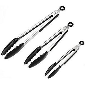 Kuger Stainless Steel Kitchen Tongs Set with Silicone Tips, Non-Stick Heat Resistant (Black/3-Piece)